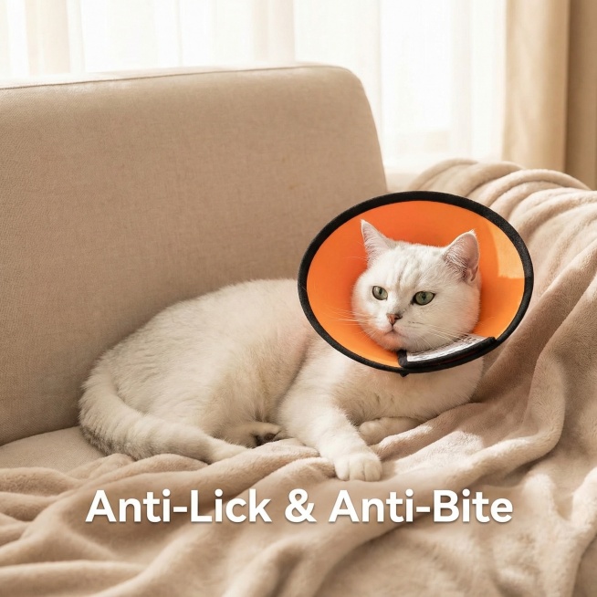 white cat wearing an orange protective cone collar, lying on a soft sofa at home, preventing licking预览效果