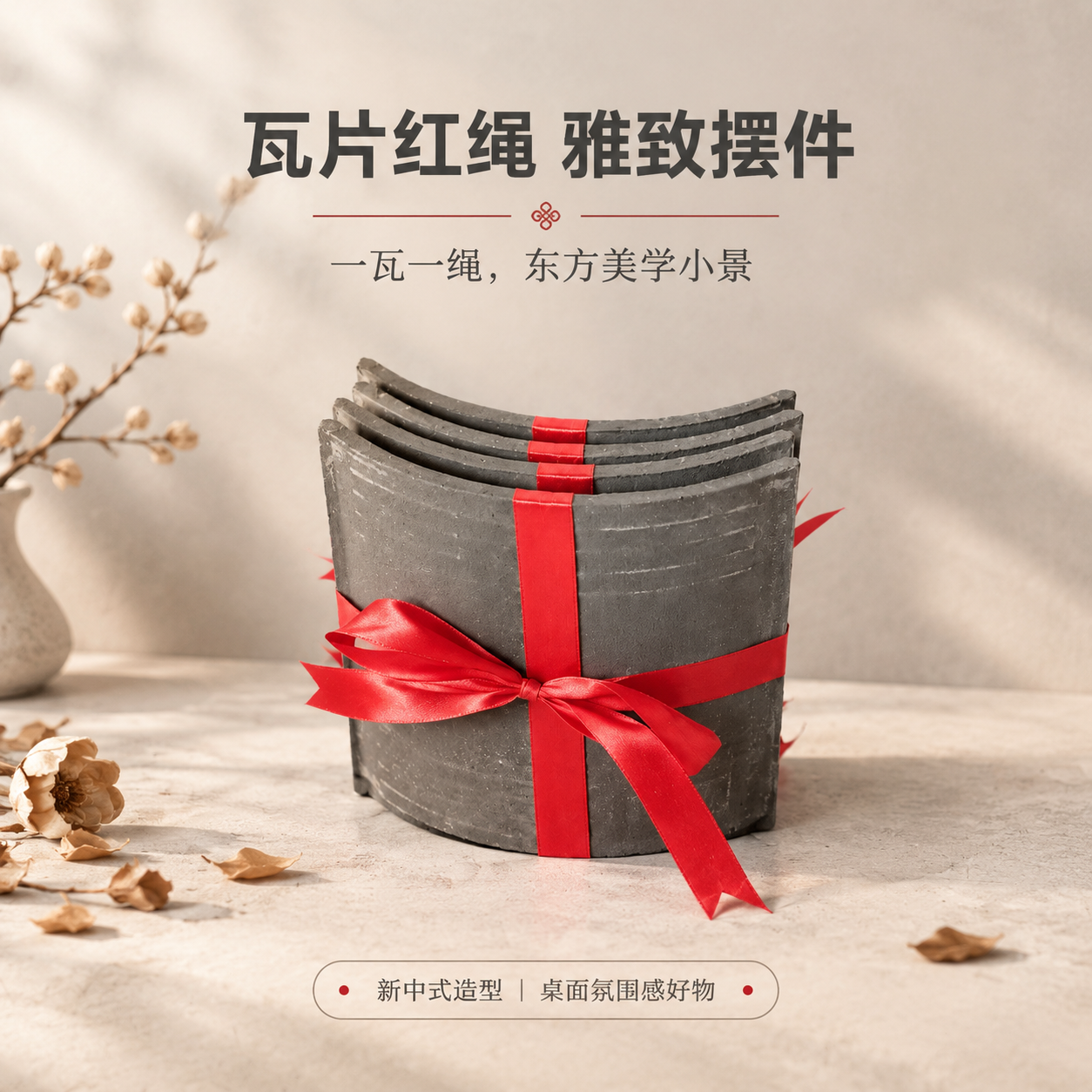 [商品] 使用【图1】瓦片捆红绳桌面摆件；保留瓦片弧形结构、青… - 图片创意预览