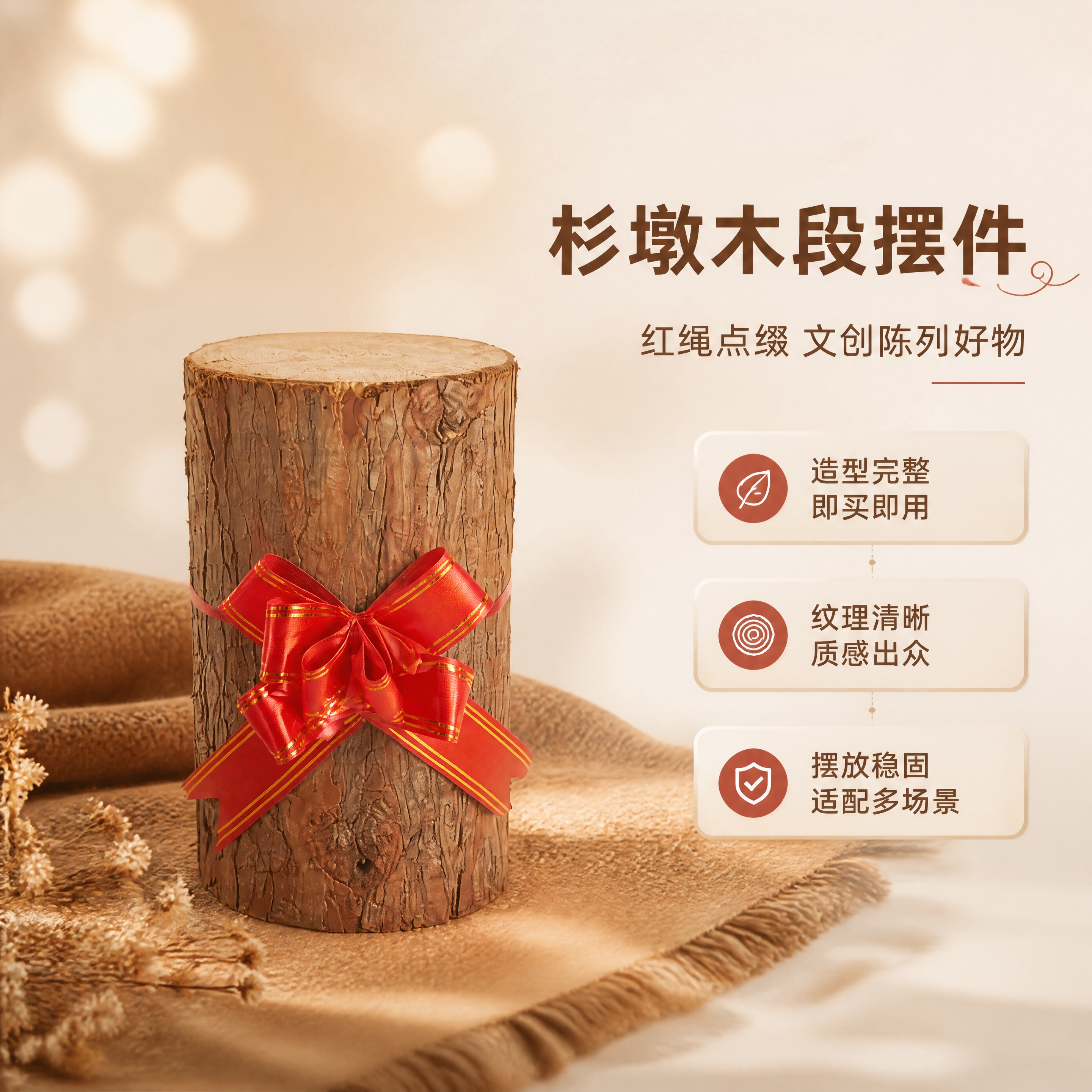 [商品] 使用【图1】杉墩木段配红绳花摆件；保留圆柱形杉木段结… - 图片创意预览
