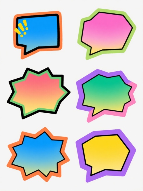 六个不同色彩装饰的系列漫画风格对话框素材集合，每个对话框保持相同的不规则多边形轮廓、黑色描边、内侧彩色渐变边缘和左上角三个黄色感叹号装饰元素，整体采用纯色背景，色彩方案分别为：1.蓝色描边配橙色渐变边缘，2.粉色描边配绿色渐变边缘，3.紫色描边配黄色渐变边缘，4.绿色描边配粉色渐变边缘，5.橙色描边配蓝色渐变边缘，6.黄色描边配紫色渐变边缘，所有对话框以规整的2x3网格形式排布，保持手绘质感的……预览效果