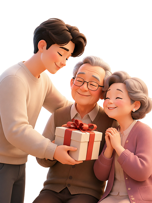 参考图的3D卡通风格，内容为年轻人给长辈赠送礼品，温馨治愈氛围，纯白色背景
