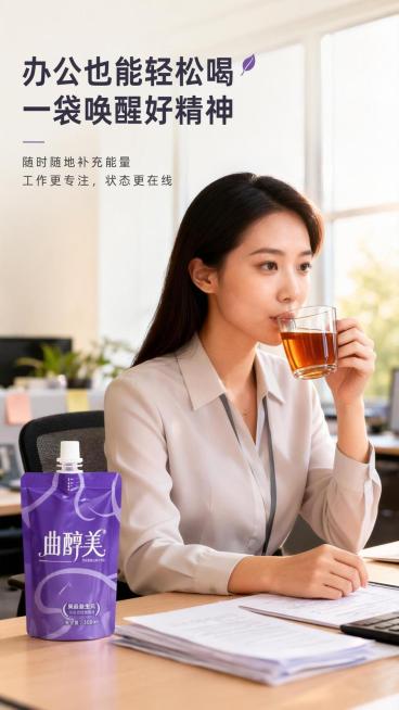 [第5屏] 模特饮用展示页-半身年轻女性饮用展示。本屏使用【图10】左上办公场景作为主体参考。
[氛围/风格] 都市轻养生氛围感，干净明亮办公场景，自然真实质感。
[元素布局] 半身女模特位于画面右侧预览效果