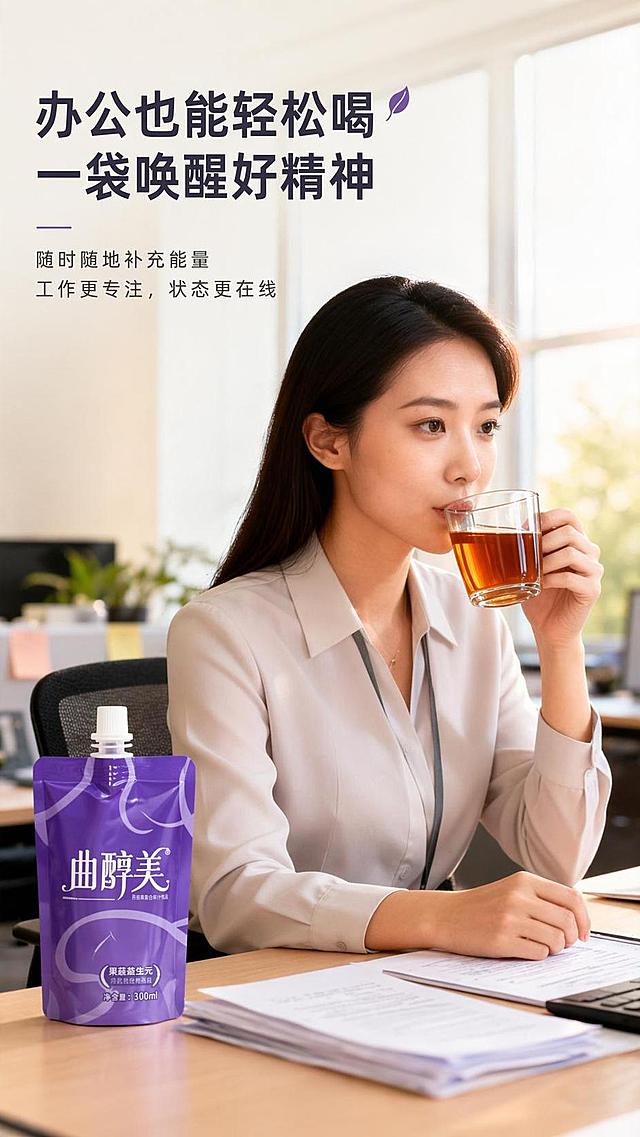 [第5屏] 模特饮用展示页-半身年轻女性饮用展示。本屏使用【图10】左上办公场景作为主体参考。
[氛围/风格] 都市轻养生氛围感，干净明亮办公场景，自然真实质感。
[元素布局] 半身女模特位于画面右侧，左侧放置袋装产品，人物手持玻璃杯饮用，产品袋装放置桌面，占比约70%，保持产品包装紫色和文字与原图一致，人物自然放松。
[光影质感] 窗户透入柔和自然光，整体明亮通透，产品和人物清晰自然。
[配色色系] 全局底色 #F5F5F5，主色浅办公背景，产品紫色突出，文字深灰色。
[视角构图] 平视半身景，人物自然放松，产品放置合理，突出使用场景。
[文字版式] 顶部主标题「办公也能轻松喝」，副标题「一袋唤醒好精神」，左对齐排版，字体风格保持整套一致，文字不遮挡人物和产品。
[比例分辨率] 9:16 竖版比例，4K分辨率，文字清晰可辨，高清画质。
[负向提示词] 人物面部变形，产品包装错误，文字模糊，光影杂乱，颜色偏差。