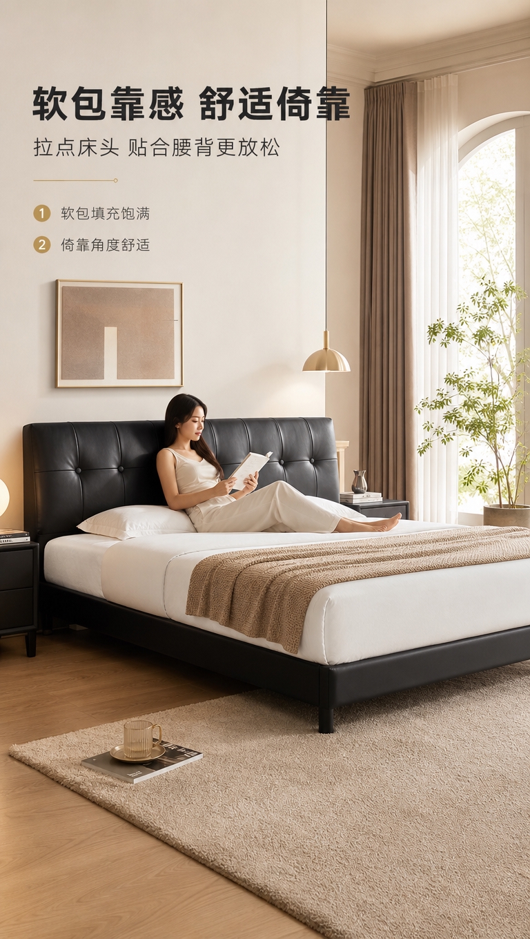 [商品] 使用【图1】黑色高脚齐边皮床；保留床头拉点软包、齐边… - 图片创意预览