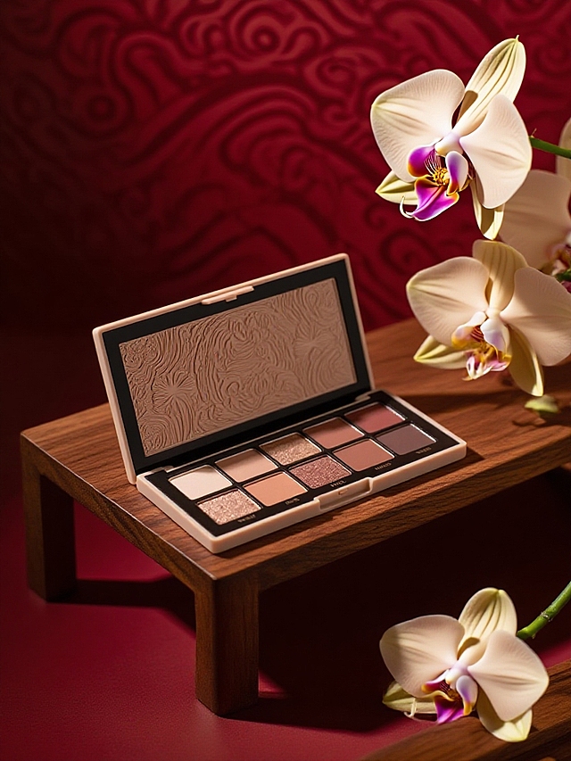 抠出主体，保留主体形状和颜色，把主体内部的格子变成压花纹样；木质展台，大蔟杏色兰花，红色流云暗纹背景，极简中式美学。去掉原图的光影，加上暗调打光。