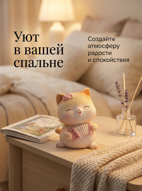 严格还原猫咪摆件产品细节，将猫咪摆件放在浅木色床头柜上，旁边搭配薰衣草香薰瓶、翻开的童话书和柔软的针织毯，温馨卧室场景，主标题俄语“Уют в вашей спальне”用衬线俄文放在画面左侧，副标预览效果