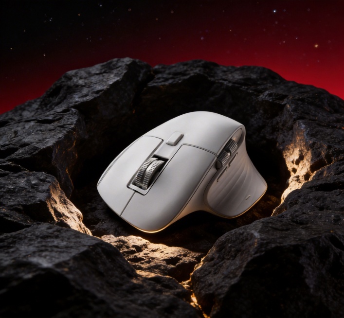 将背景替换为深色粗糙岩石的凹陷处，背景为深红渐变色调，点缀细碎星点；调整为高端科技产品摄影风格，写实质感；色调以深黑为基底，搭配暖金色光影点缀，明暗对比强烈；构图为中近景平视视角，鼠标位于画面视觉中心预览效果