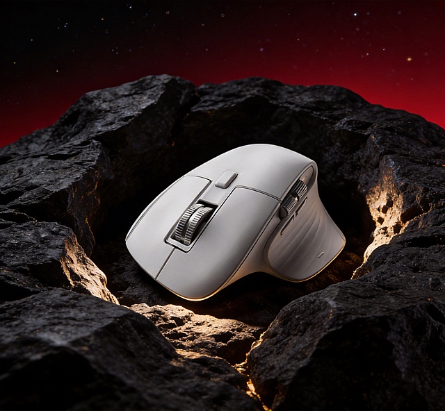 将背景替换为深色粗糙岩石的凹陷处，背景为深红渐变色调，点缀细碎星点；调整为高端科技产品摄影风格，写实质感；色调以深黑为基底，搭配暖金色光影点缀，明暗对比强烈；构图为中近景平视视角，鼠标位于画面视觉中心；岩石表面要有细腻纹理，光影在岩石缝隙和鼠标边缘形成自然高光，营造精致高级的氛围感