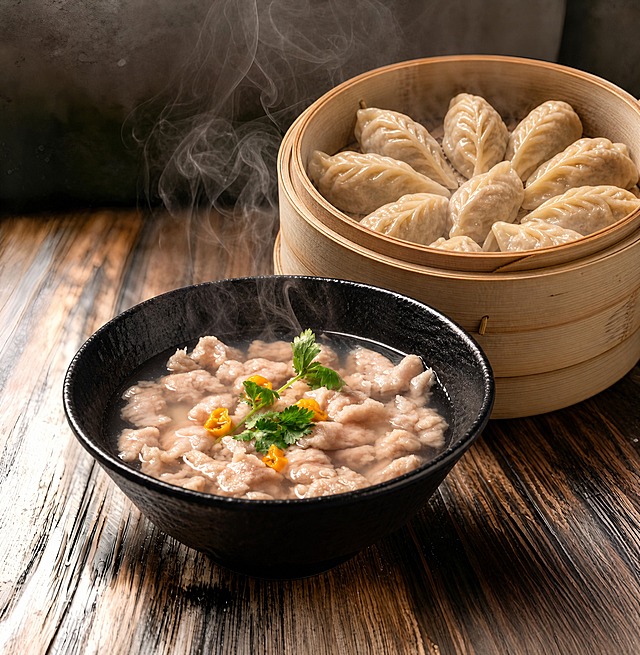 将图中前景的肉片汤碗替换为image2中的肉片汤（黑碗装的肉片汤，保留热气效果），放在前面位置；将图中背景盘子里的煎饺替换为image3中的蒸笼装蒸饺（柳叶形状的蒸饺），放在后面位置。保持原图的木质桌面背景、整体构图、视角、光线和蒸汽效果完全不变，不要美化图片，只替换产品本身，确保融合自然真实
