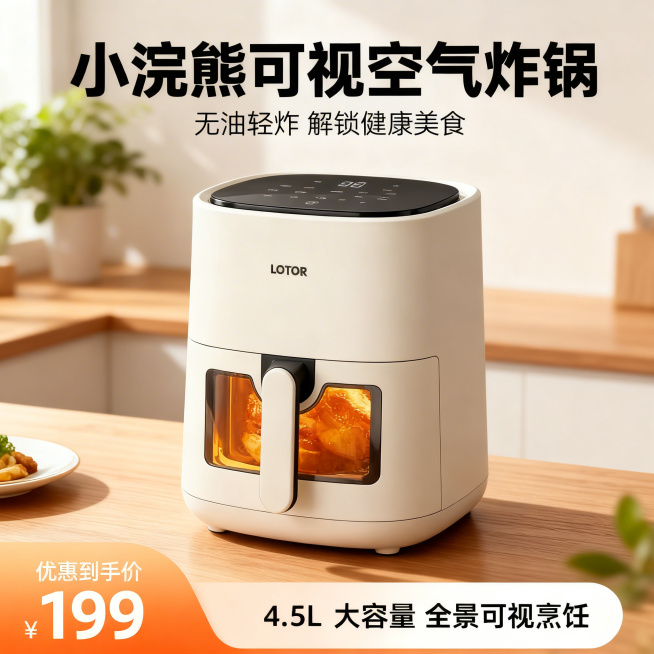 1:1竖版电商引流主图，8K超高清，写实摄影，日系治愈暖调自然光风格，严格还原奶白色LOTOR小浣熊可视空气炸锅的包装设计、颜色、LOGO位置、文字内容、图案元素等所有细节，产品尺寸比例1:1。画面中预览效果