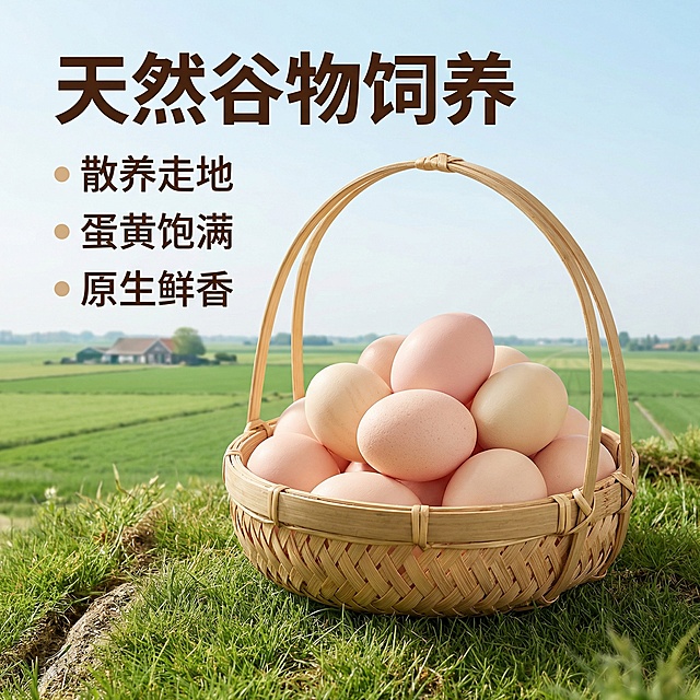 [主图主题] 农家散养谷物鸡蛋核心卖点展示
[氛围/风格] 田园整洁自然风，自然新鲜质感
[画面元素] 多个完整带壳鸡蛋放置在竹编筐中，背景是开阔的绿色农家田园远景，鸡蛋新鲜干净，蛋壳纹理清晰，竹筐摆放在田埂草地上，自然阳光漫射，氛围清新原生态。
[配色色系] 主色调：蛋壳浅粉色、竹筐棕黄色；辅助色：草地绿色、天空浅蓝
[视角构图] 平视拍摄，鸡蛋主体占据画面中心，景深适中，背景全屏无边框
[文字版式] 左侧从上到下排列卖点，主标题 "天然谷物饲养"，加粗深棕色无衬线大字体；三个卖点 "散养走地"、"蛋黄饱满"、"原生鲜香"，每个卖点配一个浅棕色小圆点前缀，字体稍小，文字都悬浮在左侧草地留白处，不遮挡鸡蛋主体，保持画面通透。
[比例分辨率] 2k分辨率