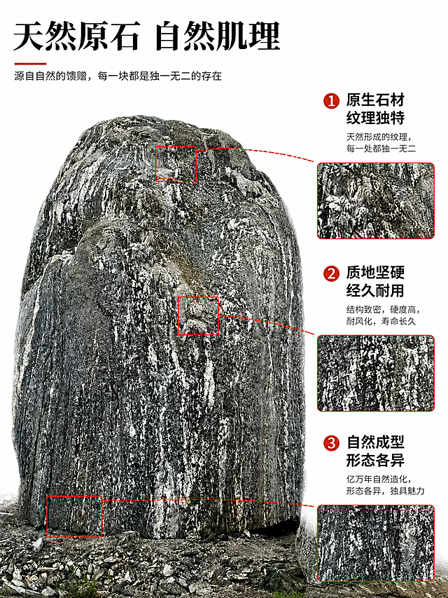 生成这个景观石详情页设计图展开，凸出产品 厂家直发 免费刻字 服务一体化 可开发票  可视频选石  货源充足  样式齐全 看着安排合适场景 排版设计  标注尺寸  「图片1」「图片1」「图片1」「图片1」「图片1」「图片1」「图片1」「图片1」「图片1」「图片1」
