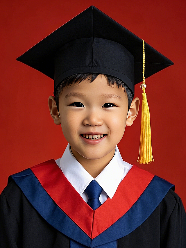 小朋友，男生，博士服穿搭，红色背景，干净的背景，证件照