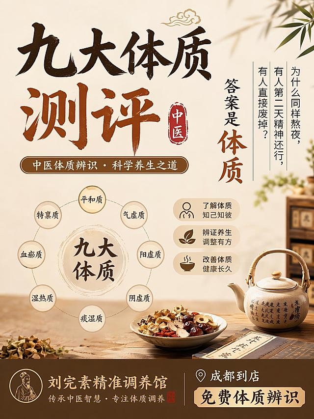 你有没有想过—— 为什么同样熬夜，有人第二天精神还行，有人直接废掉？ 为什么同样吃火锅，有人没事，有人疯狂爆痘？ 为什么同样运动，有人越练越有劲，有人越练越累？ 答案就两个字：体质。 中医把人的体质分为9种，每个人都不一样。了解自己的体质，就像拿到了自己身体的"使用说明书"——知道什么该吃、什么该避、怎么养护。 📋 九大体质速览 ① 平和质（最理想） 面色红润、精力充沛、睡眠好、情绪稳定。 → 保持就好，别折腾。 ② 气虚质（元气不足） 容易累、说话声音小、容易出汗、容易感冒。 → 宜：山药、黄芪、少食多餐；忌：过度劳累 ③ 阳虚质（怕冷型） 手脚冰凉、怕冷、喜欢热饮、小便清长。 → 宜：羊肉、生姜、泡脚；忌：冷饮、寒凉食物 ④ 阴虚质（缺水型） 手足心热、口干舌燥、容易上火、大便干结。 → 宜：银耳、百合、梨；忌：辛辣、熬夜 ⑤ 痰湿质（沉重型） 面部出油、腹部松软、舌苔厚腻、容易困倦。 → 宜：薏米、陈皮、运动出汗；忌：甜食、油腻 ⑥ 湿热质（油腻型） 面部油光、容易长痘、口苦口臭、大便黏滞。 → 宜：绿豆、苦瓜、冬瓜；忌：酒、辛辣、甜食 ⑦ 气郁质（郁闷型） 情绪低落、容易叹气、胸闷、睡眠不好。 → 宜：玫瑰花、柑橘、运动；忌：独处、憋闷 ⑧ 血瘀质（淤堵型） 面色偏暗、容易有淤青、嘴唇颜色偏紫。 → 宜：山楂、红花、活血运动；忌：久坐不动 ⑨ 特禀质（敏感型） 容易过敏、打喷嚏、皮肤敏感。 → 宜：清淡饮食、增强体质；忌：过敏原 💡 重点：体质不是固定的 很多人看完会说"我是气虚+痰湿"，没错！体质可以混合存在，也会随着生活习惯改变。 比如长期熬夜会从气虚变成阴虚；长期不运动会变成痰湿；长期情绪压抑会变成气郁…… 所以调养体质，本质上就是"把走偏的方向拉回来"。 在刘完素精准调养馆，我们到店第一步就是体质辨识——通过面相观察、咨询了解你的生活习惯和身体状态，判断你偏向哪种体质，然后制定个性化的调养方案。 不是所有人都适合同一种方法，找到你的体质，才能"对症调养"。 📍坐标成都成华区，想测测自己是什么体质？到店免费辨识。 你觉得自己最像哪种体质？评论区说说👇