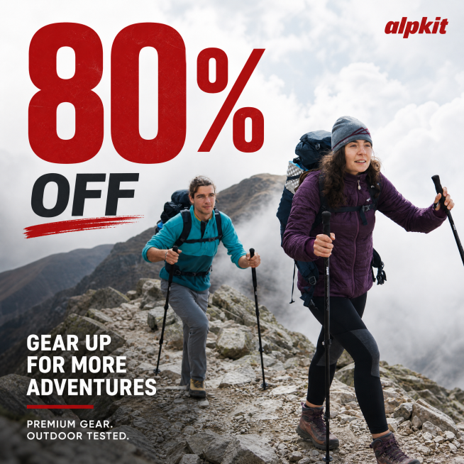 基于提供的徒步登山产品图，制作简洁英文宣传图，添加红色alpkit logo在角落位置，添加醒目文字"80%OFF"促销信息，整体设计简洁干净，1:1正方形构图，徒步登山户外风格预览效果
