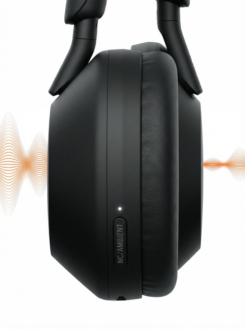 专业产品摄影，黑色WH-1000XM5头戴式降噪耳机，侧视角度，哑光黑机身，细腻皮革耳罩，NC/AMBIENT按键与指示灯清晰可见，背景为纯白色，两侧有橙色与白色的声波波形线条，极简科技风，8K，高细预览效果