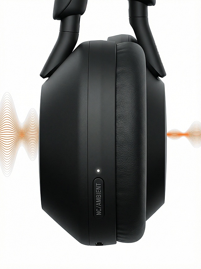 专业产品摄影，黑色WH-1000XM5头戴式降噪耳机，侧视角度，哑光黑机身，细腻皮革耳罩，NC/AMBIENT按键与指示灯清晰可见，背景为纯白色，两侧有橙色与白色的声波波形线条，极简科技风，8K，高细节，商业广告质感，柔和侧光，无阴影，干净利落
