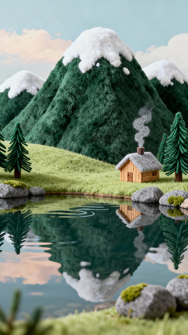 毛绒山脉湖泊，山峰是深绿色长毛绒，山顶覆盖白色毛绒“积雪”，山坡是浅绿色短绒草地，湖泊是镜面毛绒，倒映天空和山脉，带轻微波纹毛绒纹理，湖边的石头是灰色毛绒，带青苔色短绒，松树是深绿色毛绒，松针是细长毛绒，小木屋是原木色毛绒，烟囱冒着浅灰色毛绒炊烟，整体氛围宁静治愈，自然光影，毛绒质感柔软不僵硬