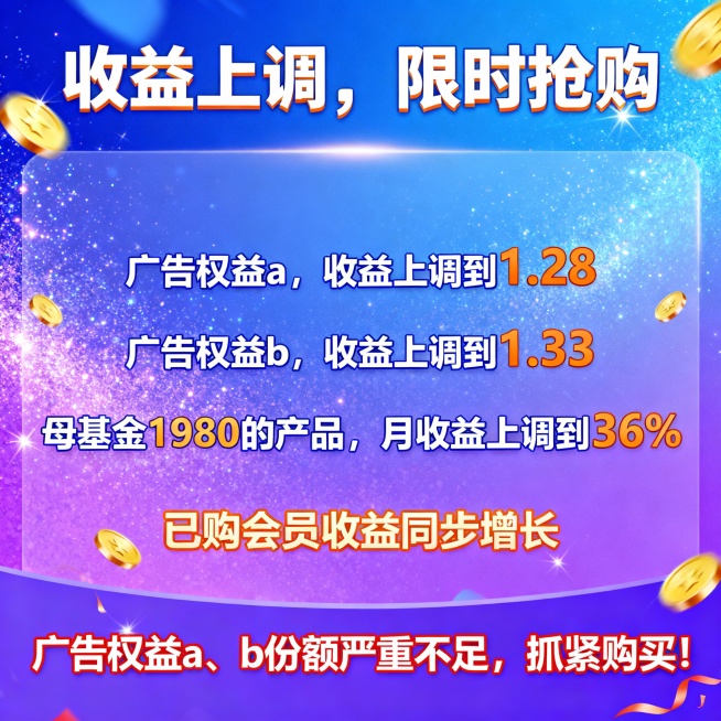 广告权益a，收益上调到1.28
广告权益b，收益上调到1.33
母基金1980的产品，月收益上调到36%
已经购买的会员收益也会跟着增长，另外广告权益a，广告权益b份额已经严重不足，请广大会员抓紧购买预览效果