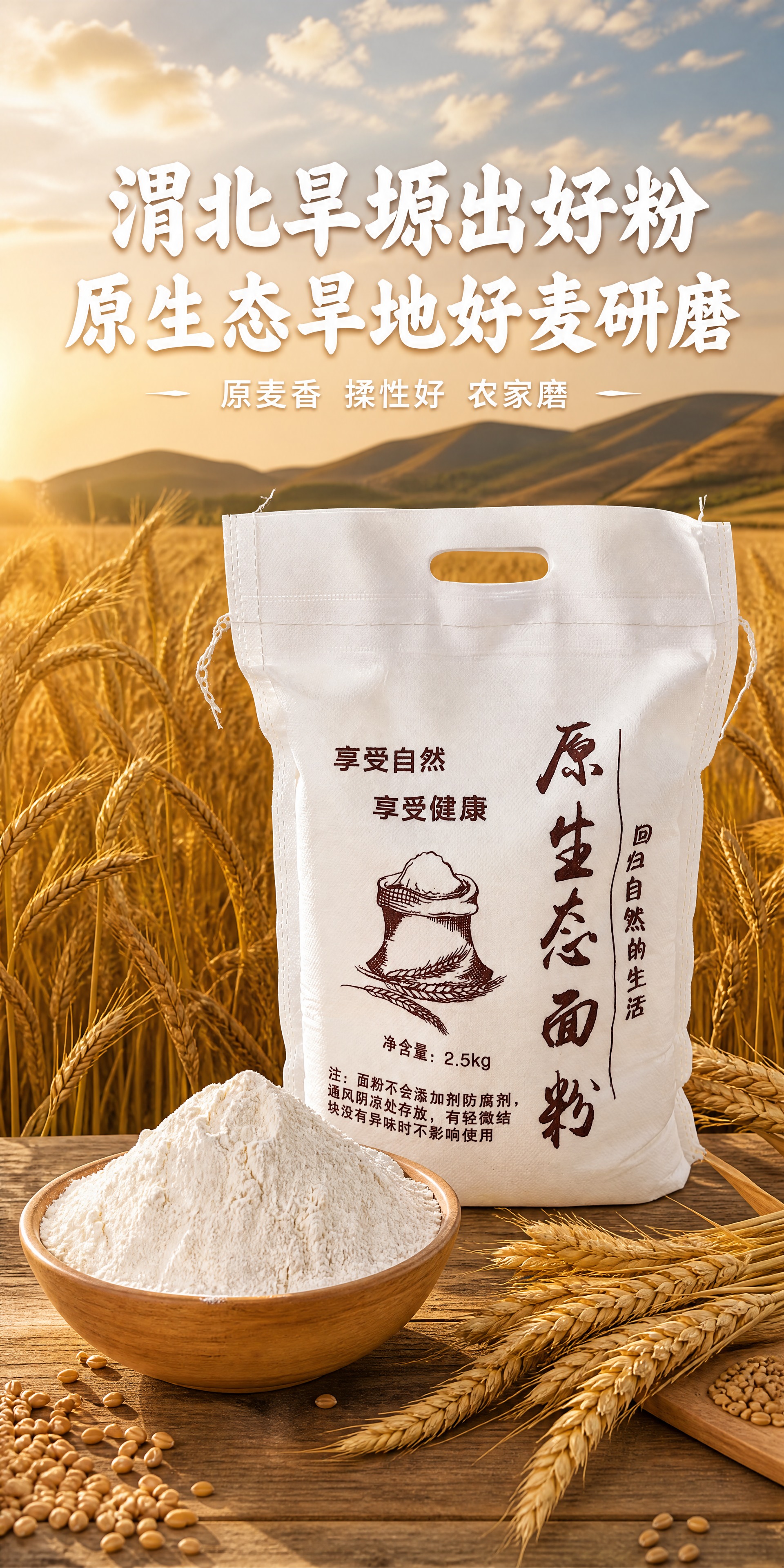 淳朴寨子原生态面粉产品海报，竖向比例1:2（高160cm宽80… - 图片创意预览