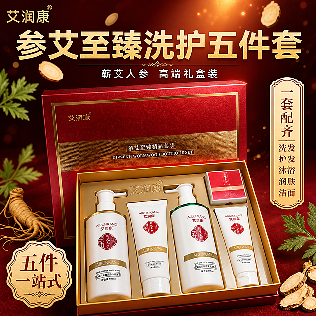 [主图-1] 艾润康・参艾至臻精品洗护套装 首图品牌调性与礼盒质感展示。
[统一基调] 拼多多电商主图风格，红金主视觉，酒红色渐变背景搭配金色装饰元素，大字直白醒目，整体高端礼盒感与性价比氛围并重；主标题用粗体无衬线字体，金色或白色大字，辅助文案用白色或浅金色小号字；画面左上角放置艾润康品牌Logo。
[画面] 画面中央偏下位置展示艾润康参艾至臻精品洗护套装的完整酒红珠光礼盒，礼盒正面朝上略微倾斜，烫金边框和金色腰带清晰可见，礼盒表面有细腻珠光质感；礼盒前方打开露出金色内托和五件单品（洗发乳、护发素、沐浴露、身体乳、精油皂），产品瓶身为白色配红色圆形标识和金色腰带，摆放规整；背景为深酒红色渐变，上方有柔和金色光晕和少量飘散的蕲艾叶片与人参切片作为点缀，营造植萃高端氛围；产品占画面约65%。
[光影质感] 商业摄影质感，柔光箱布光，礼盒表面有自然高光反射，金色烫金部分有金属光泽，产品底部有柔和接触阴影，整体通透高级不暗沉。
[配色] 主色酒红色，辅色金色、米白色，点缀少量绿色蕲艾叶；背景为深酒红到浅酒红的径向渐变。
[文字版式] 画面上方大字号主标题："参艾至臻洗护五件套"，下方稍小副标题："蕲艾人参 高端礼盒装"；画面右侧竖排或右上角标签式文字："一套配齐 洗发护发沐浴润肤洁面"；左下角金色徽章式文字："五件一站式"；所有文字清晰醒目，不遮挡产品主体。
[输出要求] 1:1正方形，2K分辨率，文字清晰无错字，产品外观与输入图一致，无变形无模糊，无水印无平台Logo，无多余杂物。