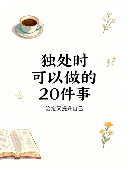 小红书风格封面图，简洁清新，暖色调，ins风，画面中间是艺术字标题'独处时可以做的20件事'，下方配小字'治愈又提升自己'，周围点缀小清新插画元素，比如咖啡、书本、花朵，整体干净明亮，视觉重点突出，没预览效果