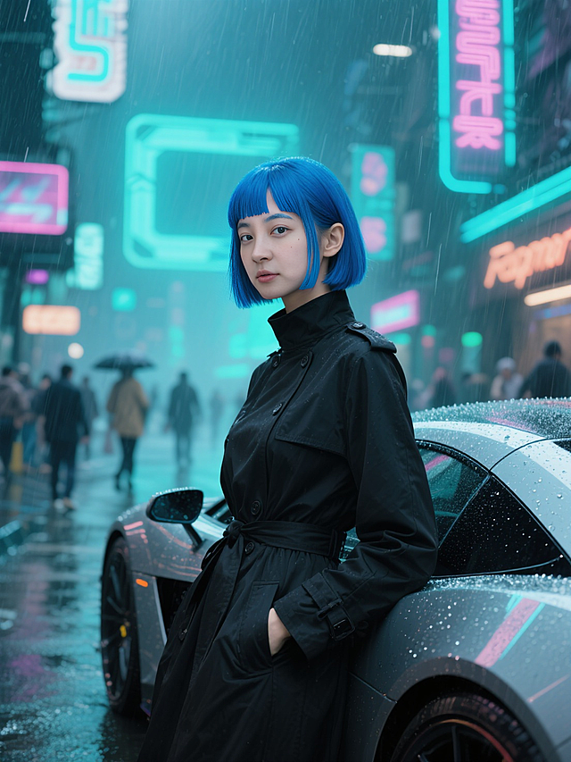 赛博朋克风都市夜景，蓝发少女伫立雨中，霓虹闪烁，未来感与科技感交织，虚拟现实粒子光影流动，营造沉浸式视觉体验。