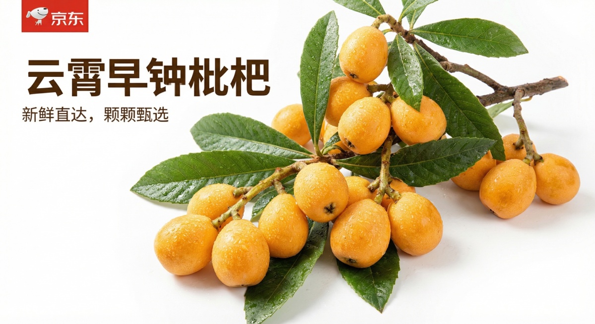 京东电商平台云霄早钟枇杷主图，重新构图，展示整颗带枝叶的新鲜云霄早钟枇杷，放置在干净背景上，突出枇杷金黄诱人的外观，整体明亮清新，适合电商商品主图展示预览效果