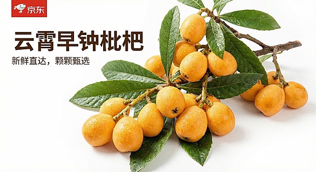 京东电商平台云霄早钟枇杷主图，重新构图，展示整颗带枝叶的新鲜云霄早钟枇杷，放置在干净背景上，突出枇杷金黄诱人的外观，整体明亮清新，适合电商商品主图展示