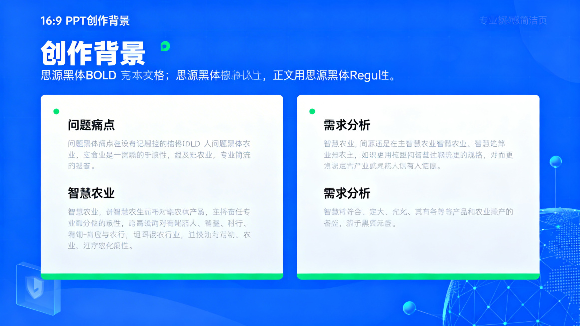 16:9 PPT创作背景页模板，整体风格科技感专业简洁，主色调蓝色白色，辅以绿色，标题思源黑体Bold为"创作背景"，正文思源黑体Regular，分左右两栏，左栏预留问题痛点描述位置，右栏预留需求分析预览效果