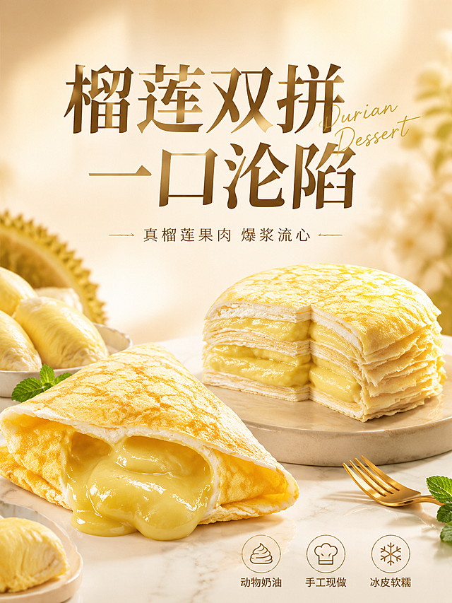 抖音电商主图封面，榴莲甜品组合，高级氛围感大字场景海报型版式。画面中下方为产品展示区，上半区为大标题文案区。产品区同时展示两款榴莲甜品：左下是切开的榴莲雪媚娘可丽饼（三角形状，金黄色蛋皮，爆浆榴莲果肉流出），右上是切开一块的榴莲千层蛋糕（层层分明的奶油千层，金黄榴莲果肉饱满），两款产品错落摆放在米白色大理石台面上，形成双主体视觉。背景为暖米色柔焦渐变，搭配新鲜榴莲果肉块、薄荷叶、金色小叉子作为装饰元素，营造精致高级的食欲感。顶部上半区居中放超大中文主标题分两行"榴莲双拼 一口沦陷"，主标题旁叠一个小号英文手写体装饰词"Durian Dessert"。主标题下方放一行细体副文案"真榴莲果肉 爆浆流心"。画面右下角放3个细线图标小标签横向排列："动物奶油"、"手工现做"、"冰皮软糯"。整体暖金奶油色调，自然柔光侧逆光，食物表面有诱人光泽和油亮质感，果肉纤维清晰可见，奶油细腻绵密，浅景深虚化背景，商业摄影级高清质感，3:4竖版比例，文字清晰克制不遮挡产品主体，画面干净高级有留白。