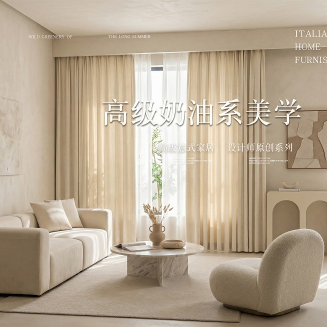 不改变窗帘的面料材质，切换不同的家装场景（最好是现代风奶油风），改变角度，保留文字，一次生成4张；预览效果