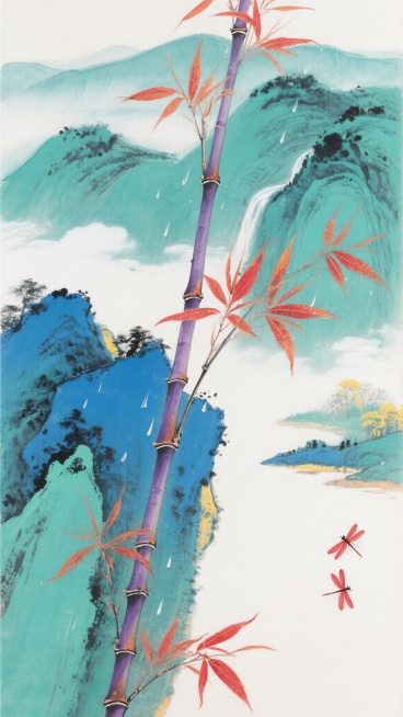 青绿山水长卷，以矿物颜料渲染的孔雀石绿与青金石蓝为主色调，画面中央斜出一株紫毫勾勒的湘妃竹，竹节以赭石晕染，竹叶尖梢泛出胭脂红，有的如火焰般上挑，有的似雨滴般下垂。背景以淡花青泼墨出层叠远山，云雾处用藤黄与钛白调和成朦胧烟霭，右下角留白处点缀三两只朱砂红蜻蜓。笔触兼工带写，竹枝挺拔处用铁线描，竹叶灵动处施破墨法，整体色调在青绿主调中见赭石点缀，于传统水墨意境中注入宝石般的色彩层次。预览效果