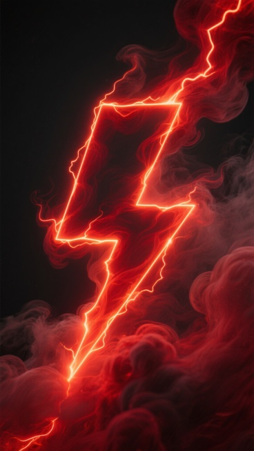 在纯黑色背景上，一个由明亮的鲜红色电流构成的闪电符号居于画面中心，电流线条边缘带有炽热的橙红色光晕，闪电内部及周围环绕着深红色与暗红色交织的烟雾状能量云，烟雾呈现出流动的质感，整体画面营造出强烈的视觉冲击力和能量爆发的紧张氛围，电流的光泽和烟雾的层次感通过光影对比清晰展现，色彩以红黑为主，形成鲜明且具有视觉张力的对比效果。预览效果