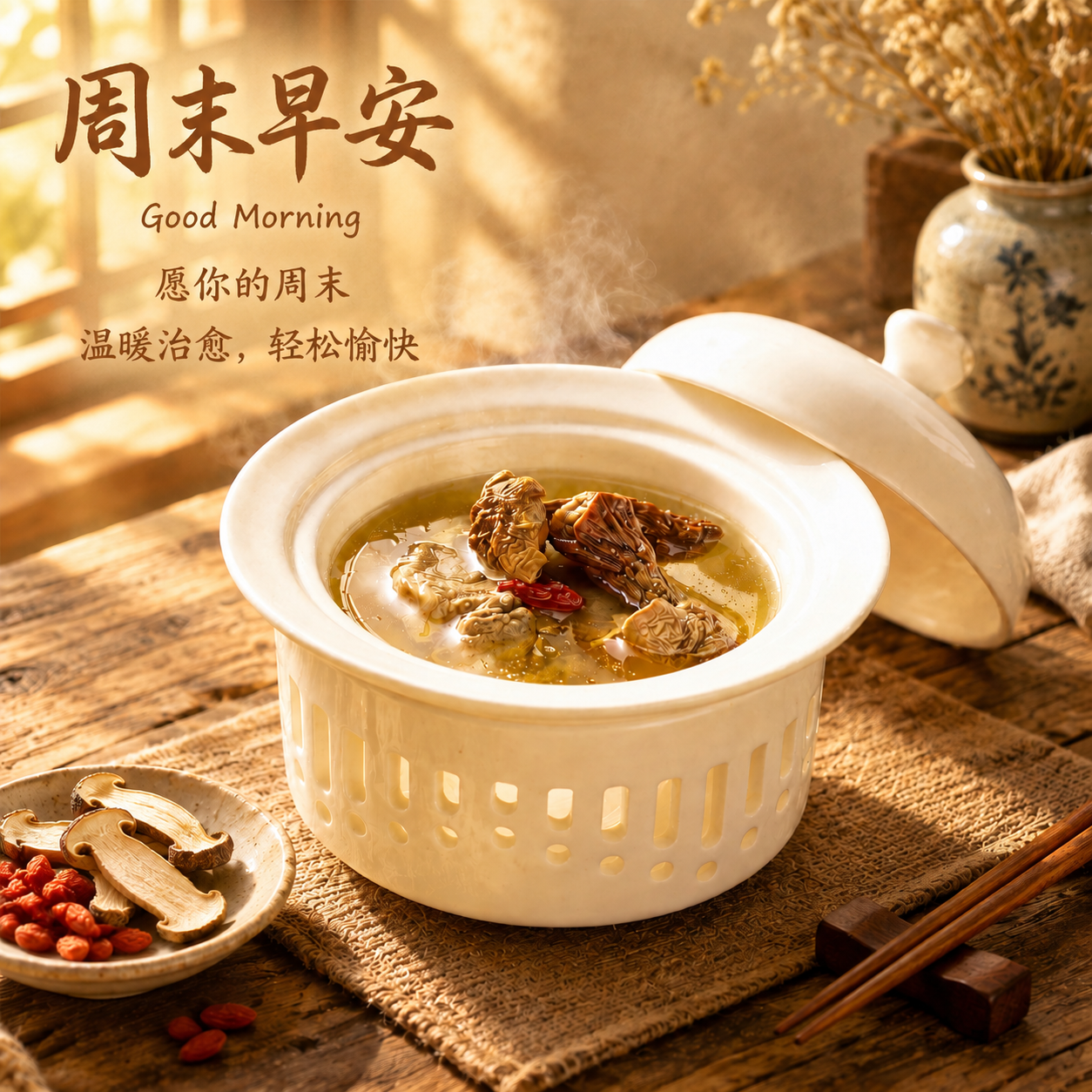 在这张美食图片左上角添加完整的周末早安文字内容，确保所有文字清… - 图片创意预览