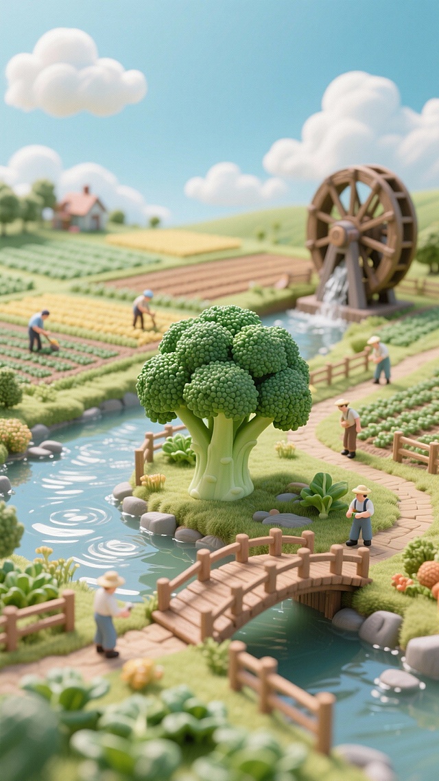 西兰花作为视觉中心，小桥流水，栈道，远处有水车和农田，农民，蓝天白云