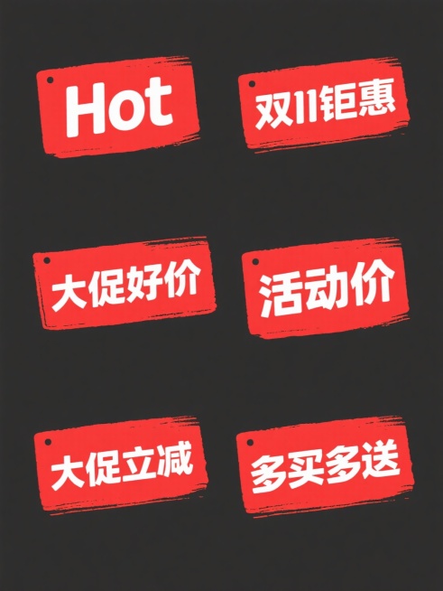 六个规整排布的促销标签素材，每个标签均为纯色背景，标签上分别包含"Hot"、"双11钜惠"、"大促好价"、"活动价"、"大促立减"、"多买多送"文字元素，标签整体采用红色手绘涂鸦风格背景，白色粗体文字，边缘带有自然的笔触肌理效果，整体呈现出促销活动的热烈氛围。预览效果