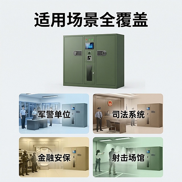 [主图主题] 智能枪弹柜适用场景展示
[氛围/风格] 专业商务风，覆盖多场景应用
[画面元素] 将四个应用场景缩略图以四宫格拼图形式展示，每个小图包含场景关键词，主位置保留智能枪弹柜主体，背景浅灰干净，整体布局简洁。四个场景分别为军警单位、司法系统、金融安保、射击场馆
[配色色系] 主色调军绿色柜体，每个场景缩略图用不同浅色调区分，文字黑色
[视角构图] 主体产品在上，四宫格场景在下，整体平衡布局
[文字版式] 顶部标题“适用场景全覆盖”，四个宫格内分别标注对应场景名称，字体清晰，每个场景标注不遮挡主体产品
[比例分辨率] 2k分辨率