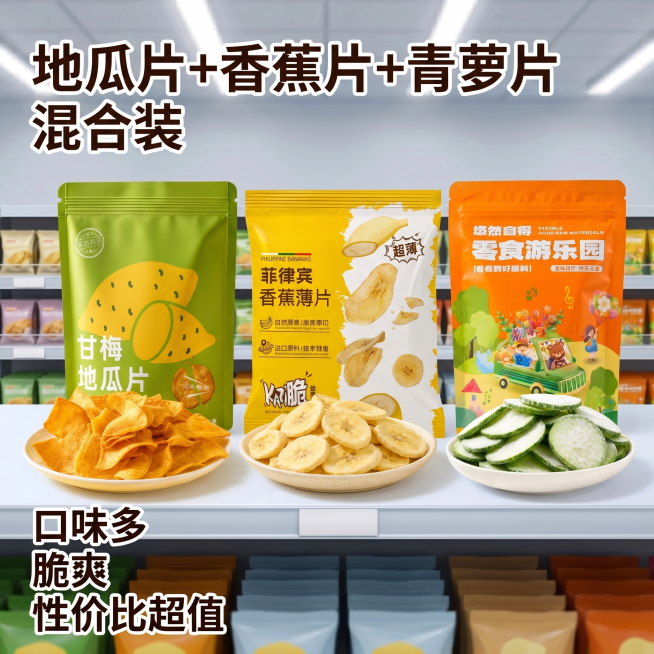 [主图-1] 混合装薯片零食首图
[氛围风格] 超市货架实景摆放，干净整洁，商品陈列规整，性价比高的促销氛围
[画质] 商业摄影质感、光线明亮通透、产品清晰真实、画面干净高级
[元素] 三种零食产品（预览效果