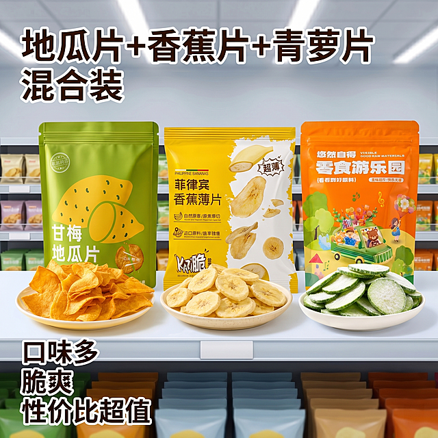 [主图-1] 混合装薯片零食首图
[氛围风格] 超市货架实景摆放，干净整洁，商品陈列规整，性价比高的促销氛围
[画质] 商业摄影质感、光线明亮通透、产品清晰真实、画面干净高级
[元素] 三种零食产品（地瓜片甘梅地瓜片袋装、菲律宾香蕉薄片袋装、青萝片袋装）一起整齐摆放在超市零食货架前，三种产品的实物薯片都盛放在白色盘子里展示在包装袋前方。保持三种产品外观（即物理结构、材质质感、颜色）与输入产品图绝对一致，杜绝任何变形和色差，精细化处理。商品主体占比严格控制在 70% 左右。画面满屏无边框。
[光影] 超市顶灯均匀打光，整体光线明亮柔和，突出产品酥脆的质感和真实色彩，阴影自然，整体通透不灰蒙
[配色] 主色调取自产品本身的绿、黄、橙三色，搭配超市冷白货架背景，色彩明快有食欲
[视角构图] 平视视角，三种产品居中摆放，景深适中，产品完整不裁切
[文字版式] 左上负空间左对齐留安全边距，大字主文案"地瓜片+香蕉片+青萝片"白色粗体无衬线，下方小字"混合装"同色系缩小一半。左下角叠加卖点大字文案"口味多 脆爽 性价比超值"白色粗体带轻微深色描边保证可读性，每行一个卖点。
[比例分辨率] 1:1 比例，2k 分辨率；文字清晰锐利，画面超高清。
[负向提示词] 变形，水印，文字错乱，产品图模糊，背景杂乱，色差，过度美化