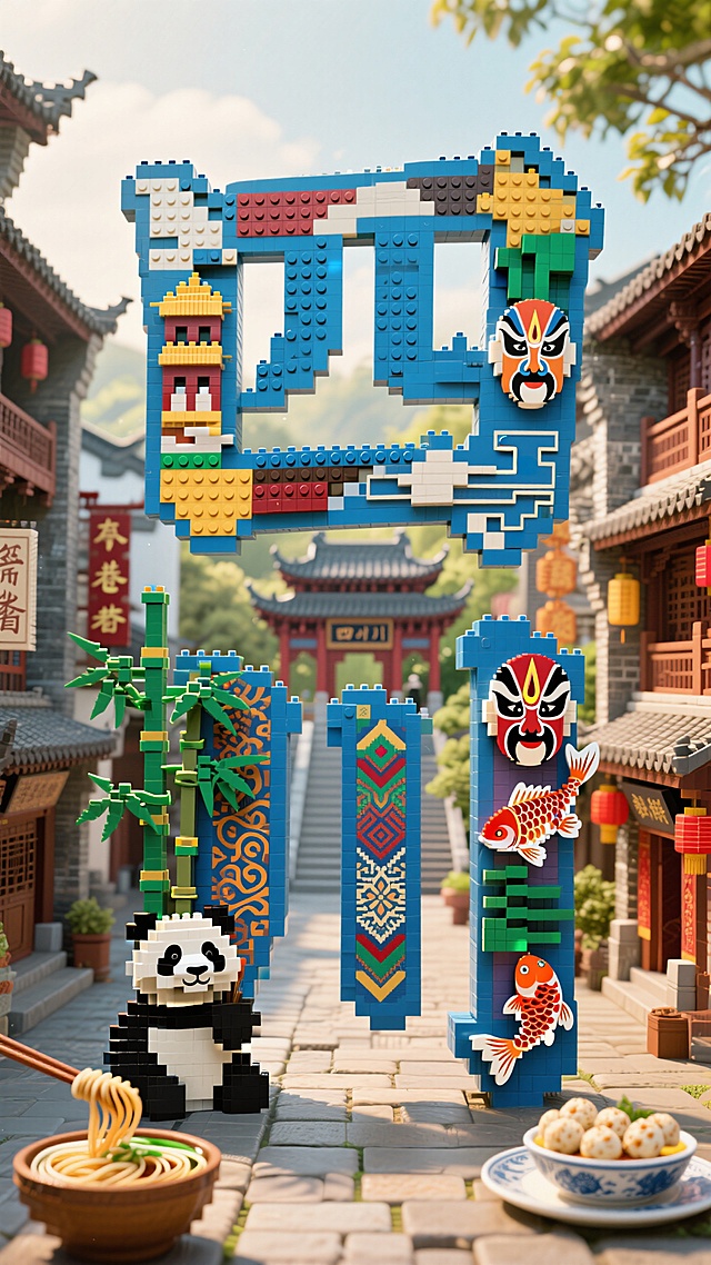 字体设计，乐高效果，3D 立体，建筑合成的文字，手绘插画，创意字体设计，色彩鲜明，艺术感，美感，插画设计，文字“四川”，建筑在字，“四”字内穿插设计建筑轮廓，如宽窄巷子、锦里古街，辅以当地小吃，比如担担面、三大炮等，增强整体的文化氛围。“川”字内穿插设计当地特色建筑，比如武侯祠、杜甫草堂、、大熊猫繁育研究基地等，突出建筑轮廓与特色，辅以熊猫、竹叶、川剧脸谱、锦鲤、川西蜀锦纹样等传统纹样图案