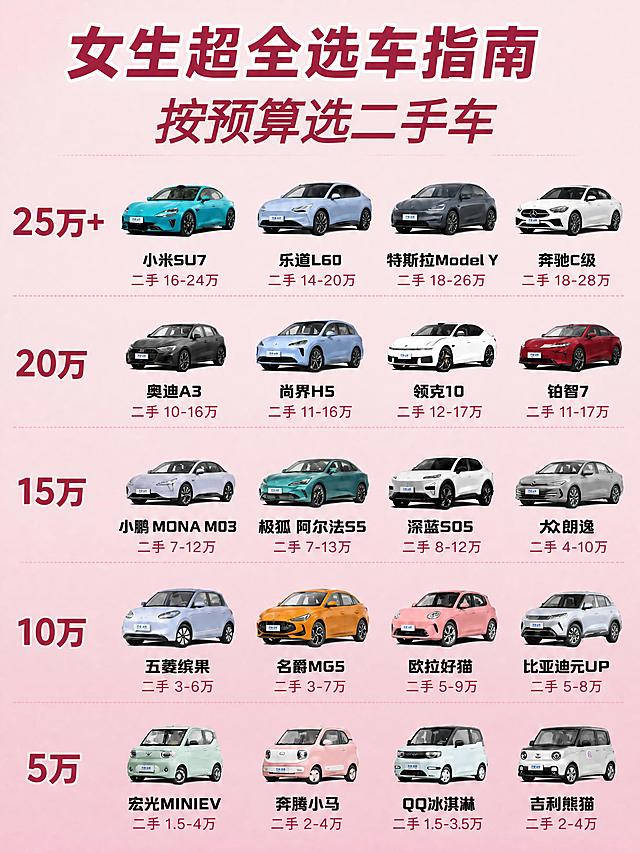 将图中所有新车指导价替换为二手行情价格区间，保持粉色渐变背景、版式、车型图片、字体风格完全不变，仅修改价格数字和副标题文字。顶部副标题「按预算选车」改为「按预算选二手车」。各车型价格修改如下：第1排25万+档：小米SU7价格改为「二手 16-24万」，乐道L60价格改为「二手 14-20万」，特斯拉Model Y价格改为「二手 18-26万」，奔驰C级价格改为「二手 18-28万」。第2排20万档：奥迪A3价格改为「二手 10-16万」，尚界H5价格改为「二手 11-16万」，领克10价格改为「二手 12-17万」，铂智7价格改为「二手 11-17万」。第3排15万档：小鹏MONA M03价格改为「二手 7-12万」，极狐阿尔法S5价格改为「二手 7-13万」，深蓝S05价格改为「二手 8-12万」，大众朗逸价格改为「二手 4-10万」。第4排10万档：五菱缤果价格改为「二手 3-6万」，名爵MG5价格改为「二手 3-7万」，欧拉好猫价格改为「二手 5-9万」，比亚迪元UP价格改为「二手 5-8万」。第5排5万档：宏光MINIEV价格改为「二手 1.5-4万」，奔腾小马价格改为「二手 2-4万」，QQ冰淇淋价格改为「二手 1.5-3.5万」，吉利熊猫价格改为「二手 2-4万」。所有价格文字颜色保持深红色，字体风格与原图一致，位置不变，清晰锐利。整体画质提升，高清细腻。