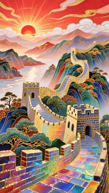 长城+山河，国庆喜庆氛围，红色背景，看日出预览效果
