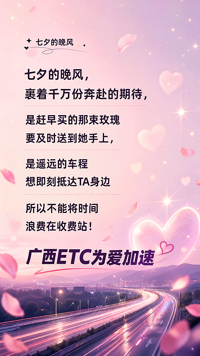 [第2张] 情感共鸣痛点页 - 七夕奔赴场景与ETC省时省心利益点。本张为图文排版页，无需产品图。
[氛围/风格] 七夕浪漫文艺氛围，粉紫色调，温馨治愈感，散文诗排版风格。
[元素布局] 画面左侧或上方为浪漫文案区，右侧或下方配简约装饰元素；背景为柔和粉紫渐变，点缀飘落的花瓣、爱心光斑、星光粒子；可加入简约的高速公路夜景剪影或车灯轨迹线条元素，呼应出行主题。
[光影质感] 柔和漫射光，整体朦胧梦幻，光晕效果，温暖浪漫。
[配色色系] 全局底色 #FCE4EC 到 #E1BEE7 粉紫渐变；主色深紫文字；辅助色粉色爱心、金色星光点缀。
[视角构图] 竖版上下构图，阅读动线从上至下，文字为主视觉。
[文字版式] 顶部小标题「七夕的晚风」，正文分段排版：
「七夕的晚风，裹着千万份奔赴的期待，」
「是赶早买的那束玫瑰要及时送到她手上，」
「是遥远的车程想即刻抵达TA身边」
「所以不能将时间浪费在收费站！」
每句一行，黑体字，行间距宽松，居中或左对齐排版；底部强调「广西ETC为爱加速」加粗突出。所有文字为可商用黑体字，文字清晰易读。
[比例分辨率] 9:16竖版比例，4K分辨率，文字清晰可辨，高清画质。
[负向提示词] 文字错乱，文字过小，水印，背景杂乱，变形，模糊。
