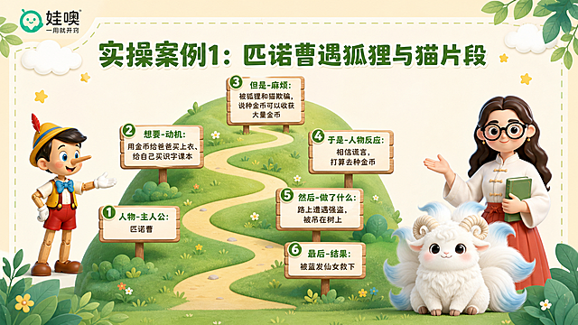 A4横版儿童教育PPT页面，清新杏色和绿色可爱风格，浅杏色背景，绿色叶子装饰，白色云朵，黄色星星点缀，圆角虚线边框。左上角有"娃噢 一用就开窍"品牌logo。页面大标题为"实操案例1：匹诺曹遇狐狸与猫片段"，绿色粗体大字。中间展示一个故事山图形，沿山路有6个节点路牌，分别填写匹诺曹案例内容：1.人物-主人公：匹诺曹；2.想要-动机：用金币给爸爸买上衣、给自己买识字课本；3.但是-麻烦：被狐狸和猫欺骗，说种金币可以收获大量金币；4.于是-人物反应：相信谎言，打算去种金币；5.然后-做了什么：路上遭遇强盗，被吊在树上；6.最后-结果：被蓝发仙女救下。故事山用绿色草地山丘风格，节点用木牌样式。左侧或角落配匹诺曹小木偶卡通形象。页面右下角放置穿白色中式盘扣上衣红色裙子戴黑框眼镜棕色长卷发的3D卡通女老师和白色九尾羊有螺旋羊角尾巴尖带淡蓝色的毛绒神兽形象。底部有绿色草地和叶子装饰。整体风格清新可爱，案例清晰，A4横向比例，儿童教育主题，故事山实操案例
