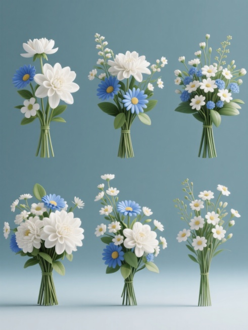 六个完全不同造型的同元素内容的系列素材集合，每个素材均为一束由白色大丽花、蓝色雏菊、白色小花、绿色叶片和细长花茎组成的仿真花束，花束造型各异，有的花朵朝上，有的花朵朝左，有的花朵朝右，有的花朵聚拢，有的花朵散开，有的花朵高低错落，每束花放置在纯色背景上，六束花规整排布，画面整体色彩变换，保持原有的3D立体风格、平滑的材质质感、清晰的光影效果和写实的细节表现，整体构图均衡，视觉层级分明，信息传达……预览效果