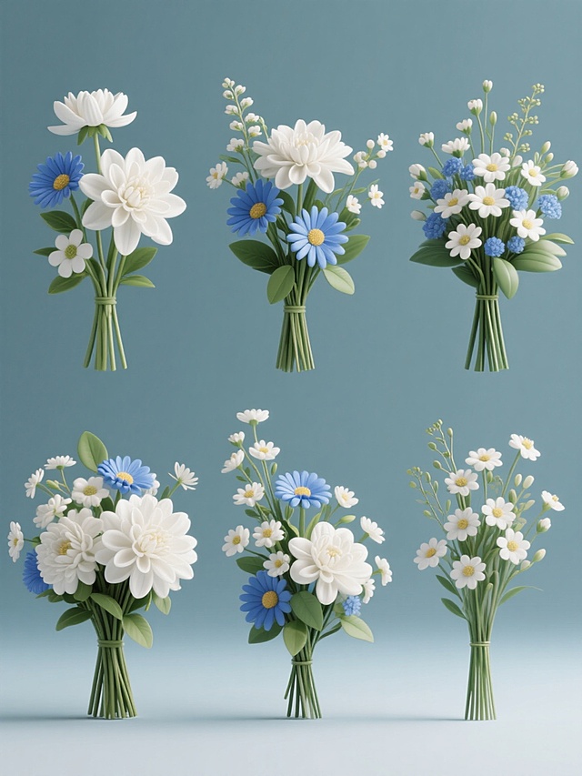 六个完全不同造型的同元素内容的系列素材集合，每个素材均为一束由白色大丽花、蓝色雏菊、白色小花、绿色叶片和细长花茎组成的仿真花束，花束造型各异，有的花朵朝上，有的花朵朝左，有的花朵朝右，有的花朵聚拢，有的花朵散开，有的花朵高低错落，每束花放置在纯色背景上，六束花规整排布，画面整体色彩变换，保持原有的3D立体风格、平滑的材质质感、清晰的光影效果和写实的细节表现，整体构图均衡，视觉层级分明，信息传达高效，具有现代简约的设计感。