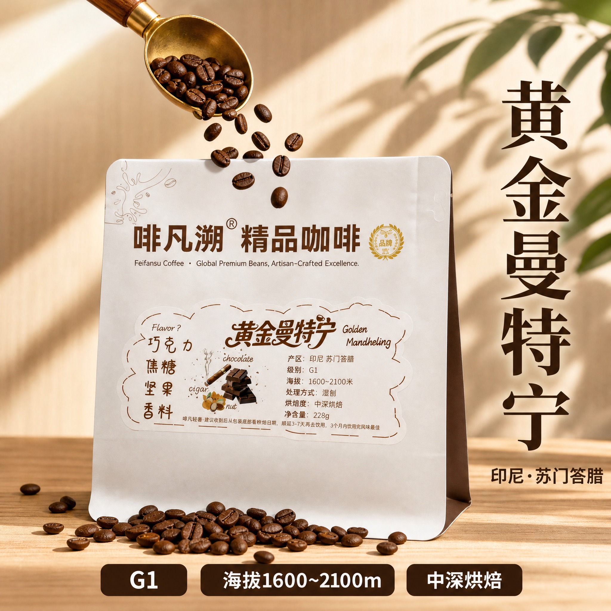 [主图-1] 产品首图信息明确版，展示黄金曼特宁咖啡豆包装袋与… - 图片创意预览