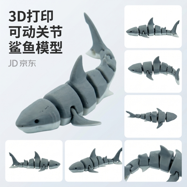 生成一张京东电商展示图，展示可活动关节的3D打印灰拼白色鲨鱼模型玩具，展示不同角度，简洁浅色背景，突出产品可摆动的结构特点，清晰专业电商商品图预览效果