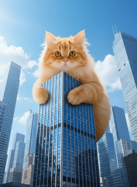 在现代化高楼林立的城市里，主体一只巨大的橘猫抱着一栋大厦，橘猫的身体与大厦一样大，巨物感，超现实主义，蓝天白云预览效果
